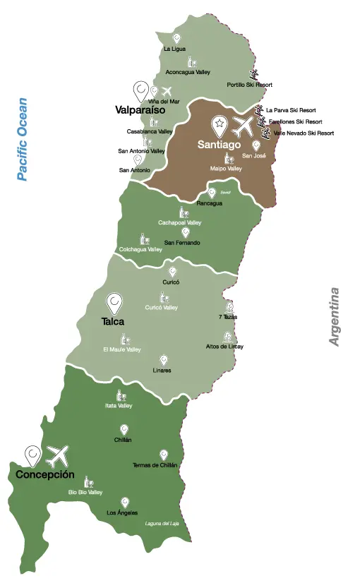 Central Chile and Santiago region map - destinations and distances guide