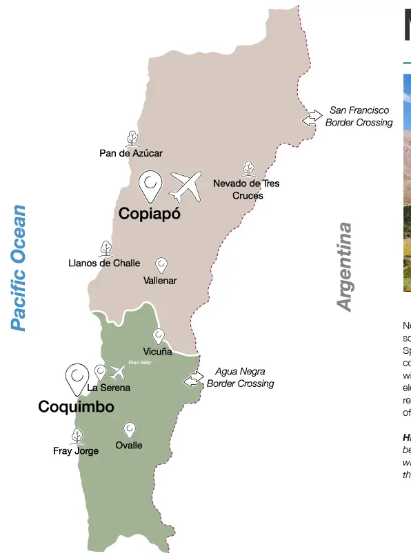 Norte Chico Chile map - wine valleys and observatories