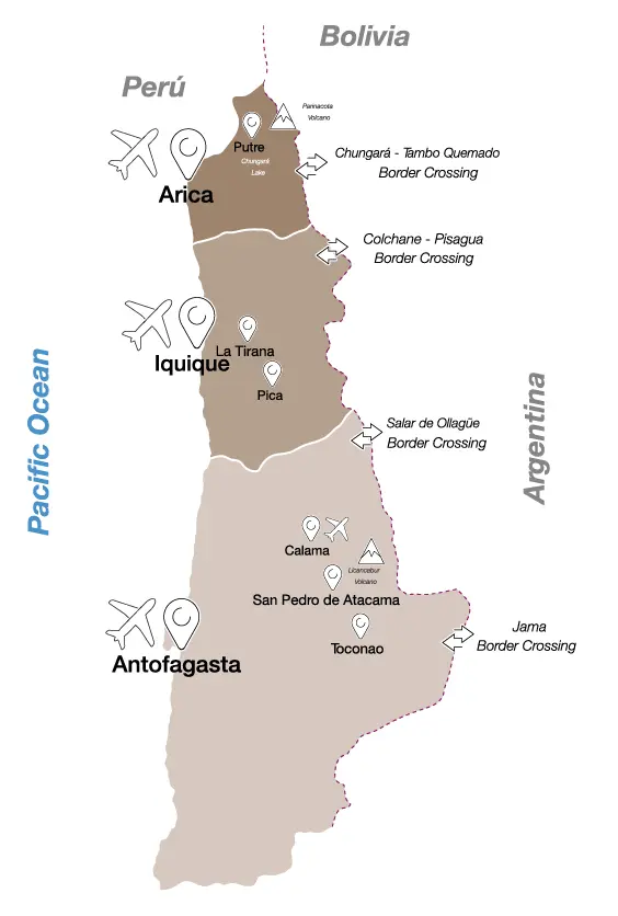 Norte Grande Chile map - Atacama Desert destinations